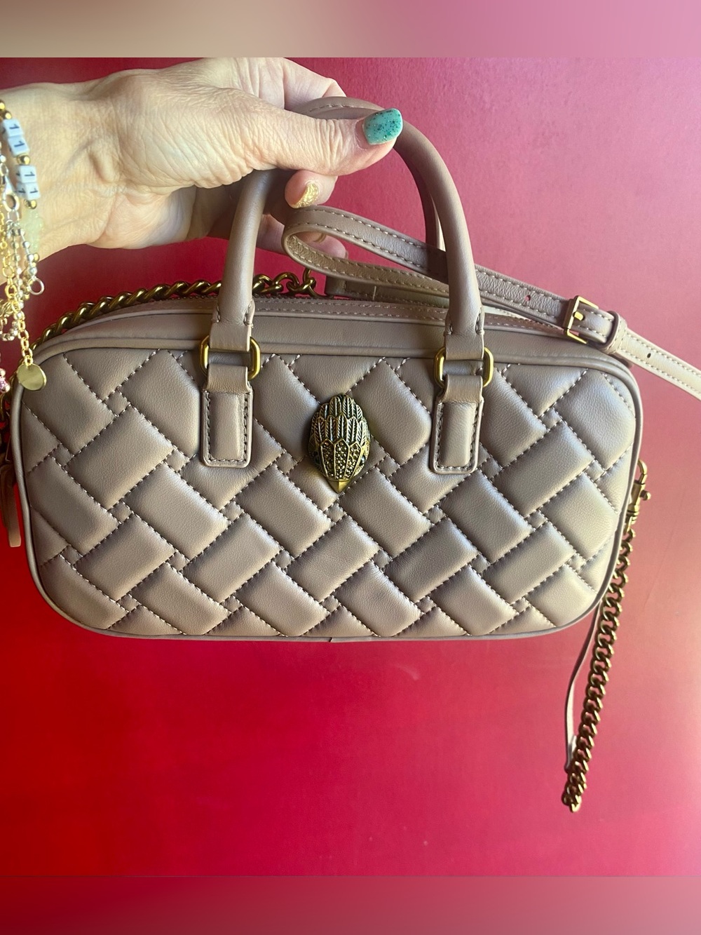Kurt Geiger NWT Taupe Leather Small Duffle/Crossbody with Crystal Bronze Eagle